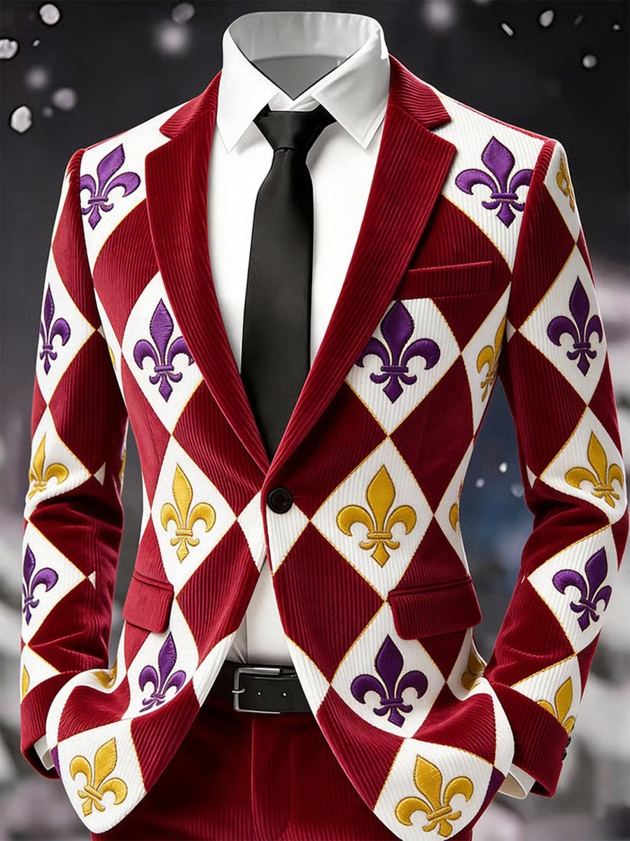Men's Retro Mardi Gras Art Print Casual Corduroy Pocket Blazers